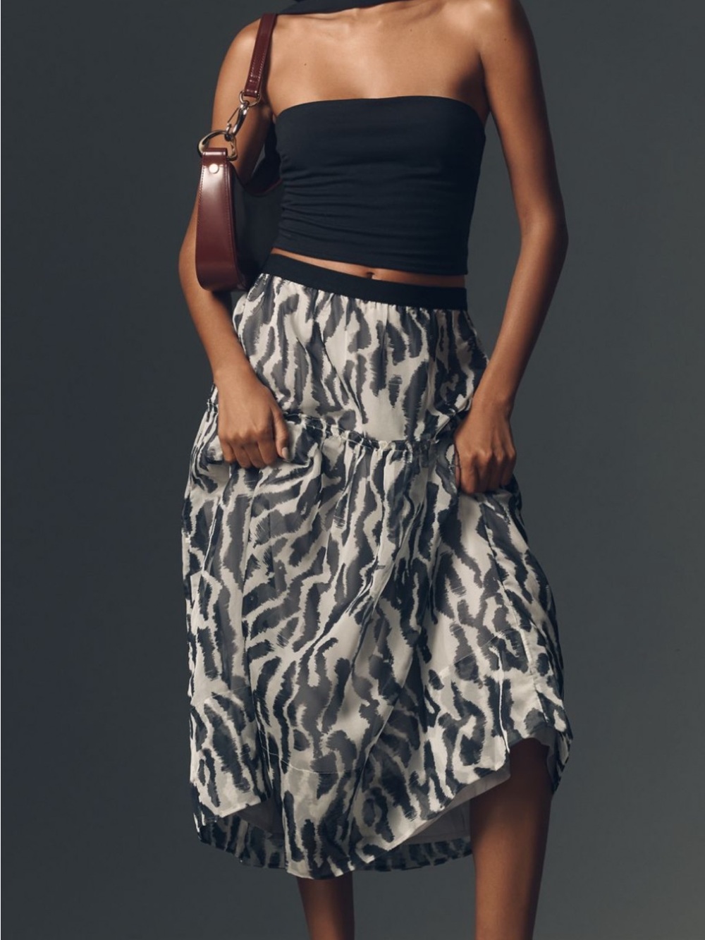 Maeve Black & White Animal-Print Midi Skirt